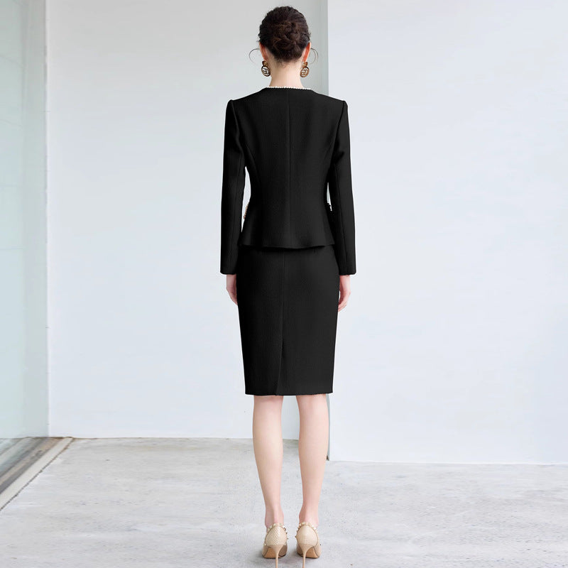 AD French Commuter Suit suit Women's High-end Pearl Crewneck Long-sleeved Jacket Black Business Dress Overskirt