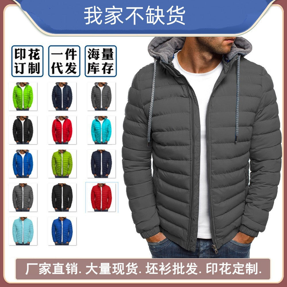 Winter Clothing Cross-border Foreign Trade New Down Cotton Jacket Men's Clothing Simple Atmospheric Loose Men's European Size Hooded Thickened Cotton Clothes