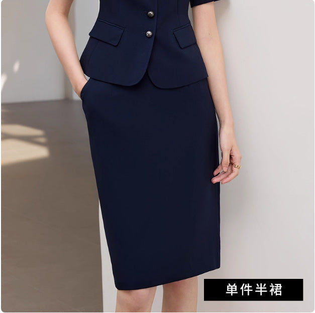 Summer New Navy Blue Short-Sleeved Professional Suit Suit Color-Blocked Suit Collar Single-Breasted Slim Slim Work Clothes