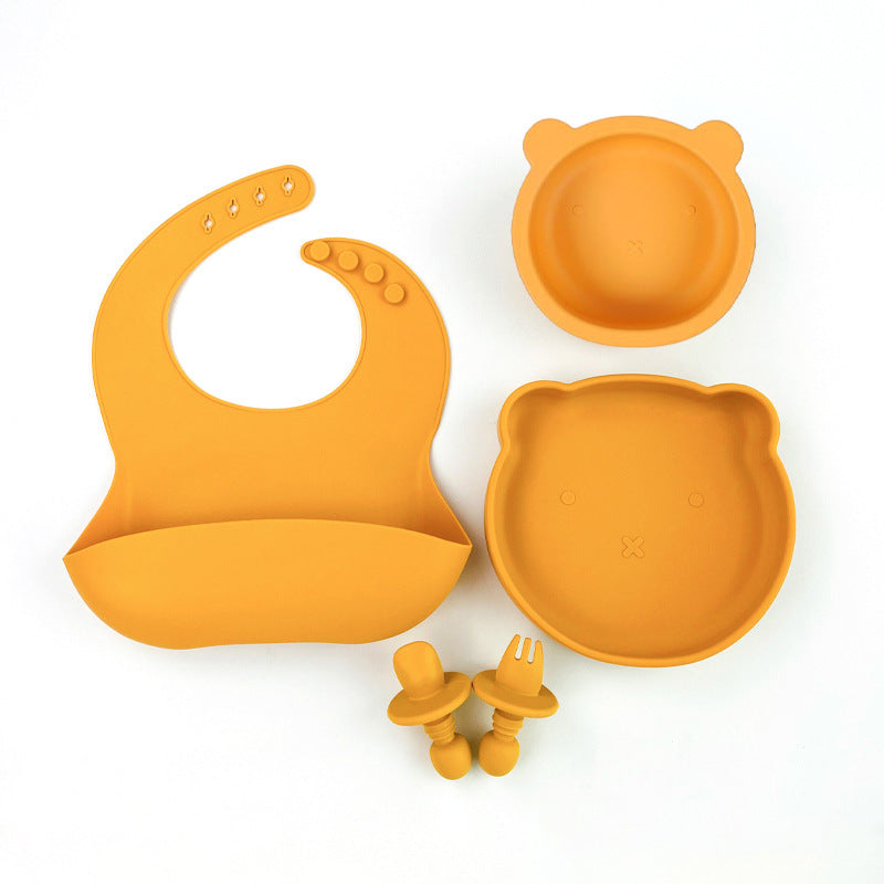 Baby Food Supplemented Tableware suit Food Grade Silicone Drop-resistant High Temperature Cute Cartoon Bear Tableware Four-piece Set