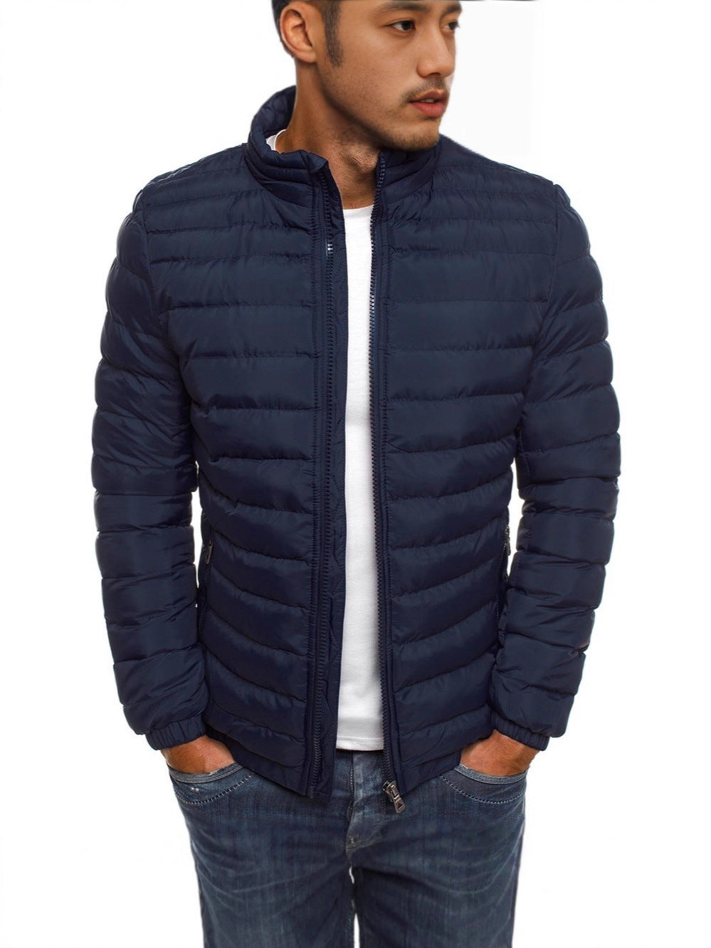 2025 European Size Autumn and Winter Export Cross-Border Pure Color Cotton Jacket Simple and Elegant Men's Stand-Up Collar Cotton Jacket Wholesale