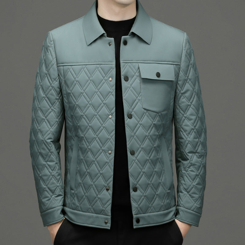 High-end men's mulberry silk cotton-padded coat business casual plaid middle-aged lightweight cotton-padded jacket autumn and winter men's lapel cotton-padded coat