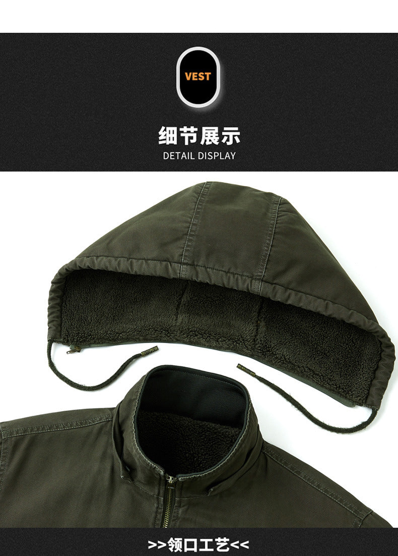 Men's Autumn and Winter Warm Fashion Fleece-Lined Bomber Jacket American-Style Workwear Hooded Cotton Coat for Warmth