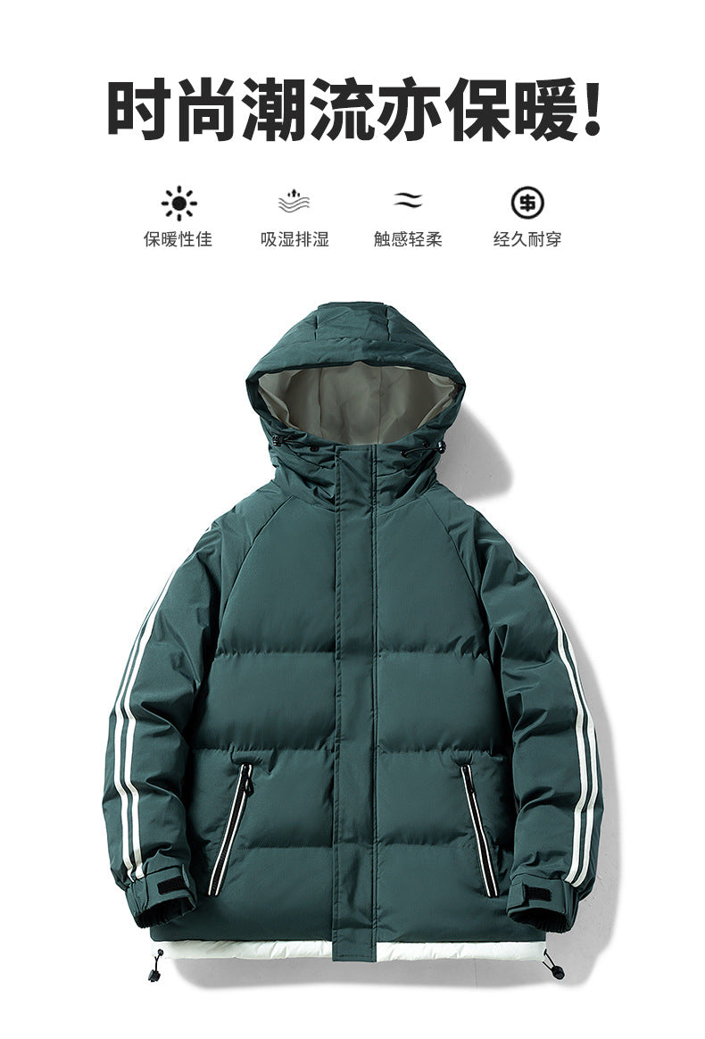 Cross-Border Wholesale Two-Stripe Cotton Jacket Unisex Hooded Cotton Coat Trendy Fashion Thickened Warm Cotton Jacket for Men