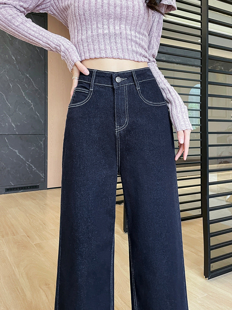 Denim Blue Embroidered Wide-Leg Jeans for Women, 2026 Autumn New Style, Loose Fit, High-Waisted, Straight-Leg, Cropped Pants for Petite Figures