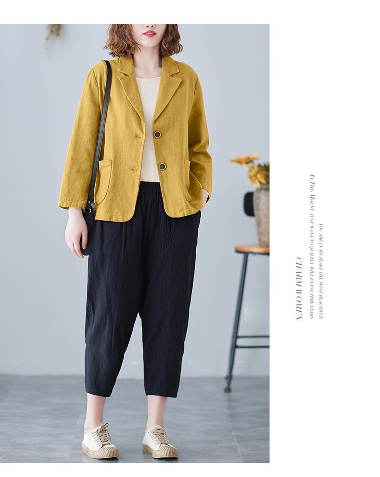 2025 Real Shot of New Cotton and Linen Retro Literary Loose Versatile Casual Long-Sleeved Button-Down Small Suit Short Jacket for Women