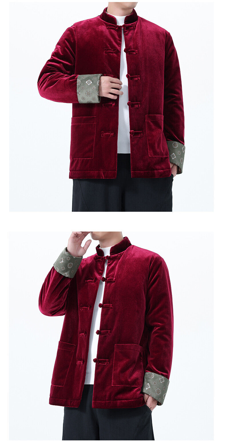 Winter Chinese-Style Tang Suit Jacket for Men, Corduroy Cotton Coat, Retro Thickened Cotton Clothing, Chinese-Style Button Cotton-Padded Jacket, Hanfu