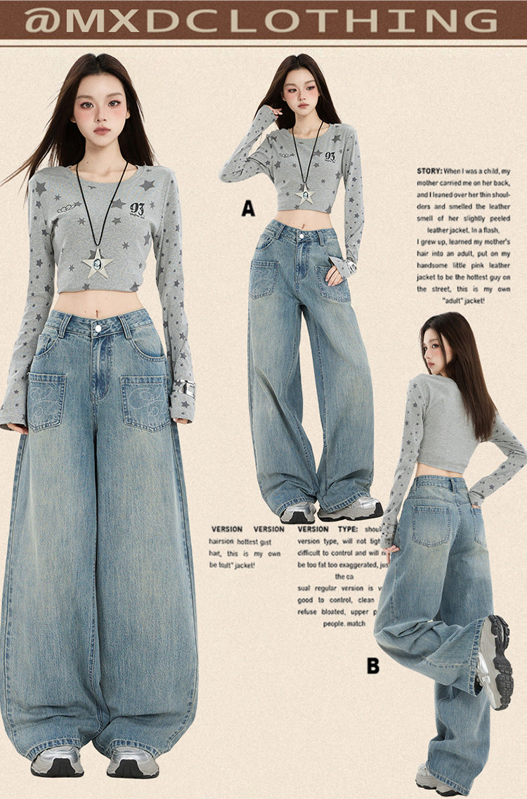 Raccoon House # American Retro Design Embroidered Jeans for Women 2025 Autumn New High-Waisted Loose Wide-Leg Pants Trendy