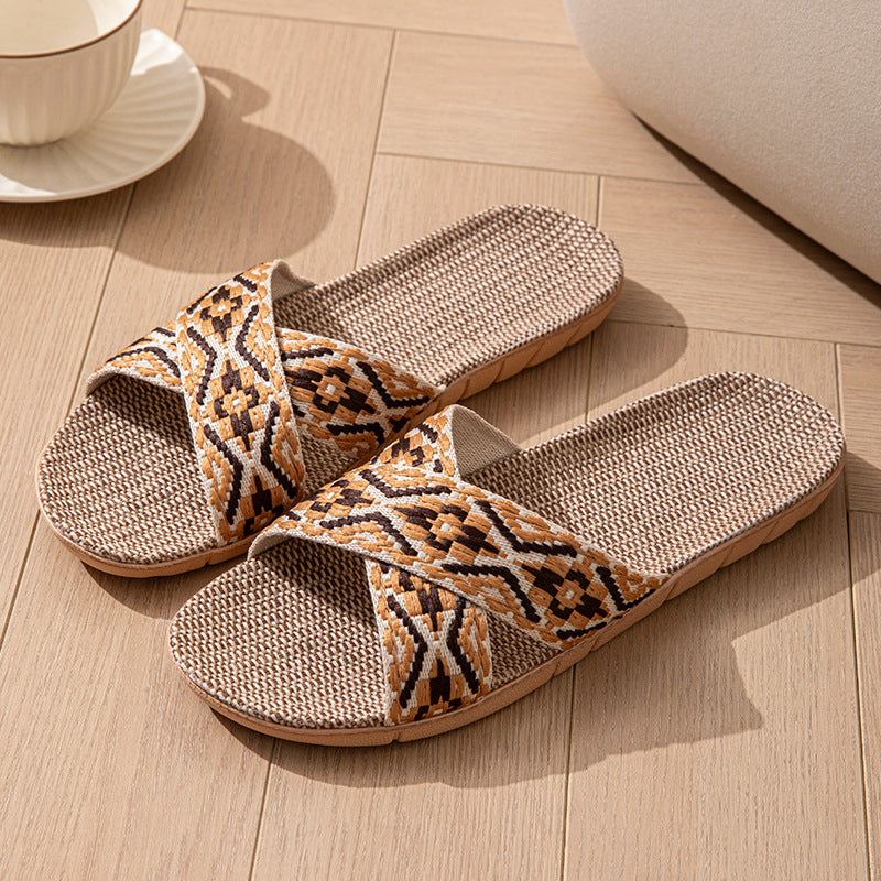 Open Open Toe Cross Linen Four Seasons Men and Women Couple Home Floor Slippers Linen Summer Sandals