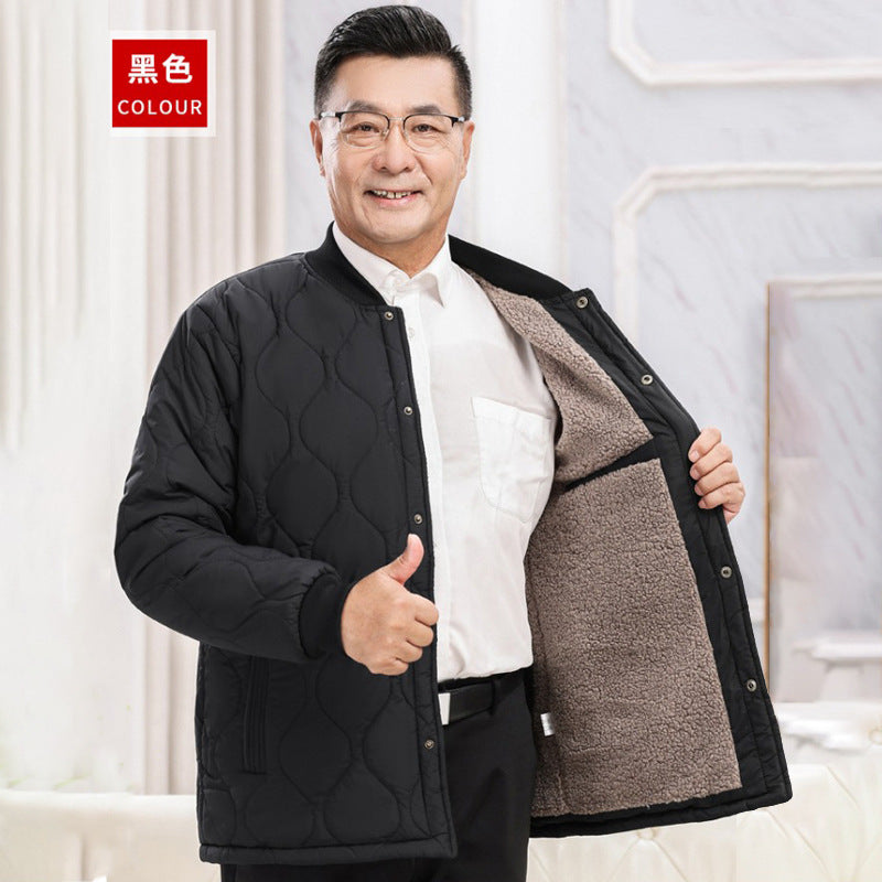 2025 Autumn and Winter Men's Cotton-Padded Jacket with Fleece Lining, Thickened Snap Button Coat for Middle-Aged and Elderly, Warm Top, Versatile Dad Outfit