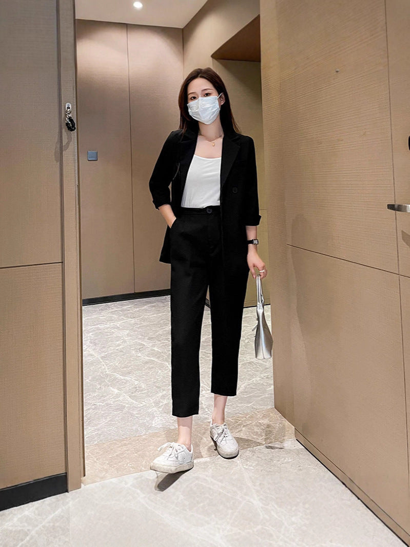 Cross-Border Plus Size Women's Clothing Plus Size Fashion Suit Women's Spring and Autumn Korean Style Temperament Back Slit Cropped Pants Two-Piece Set