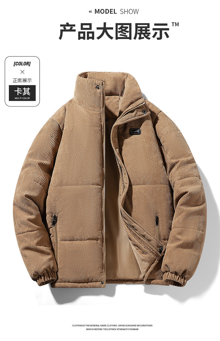 Thickened corduroy cotton-padded jacket for autumn and winter men's warm neck protection stand collar cotton-padded jacket European and American plus size fashionable cotton-padded jacket