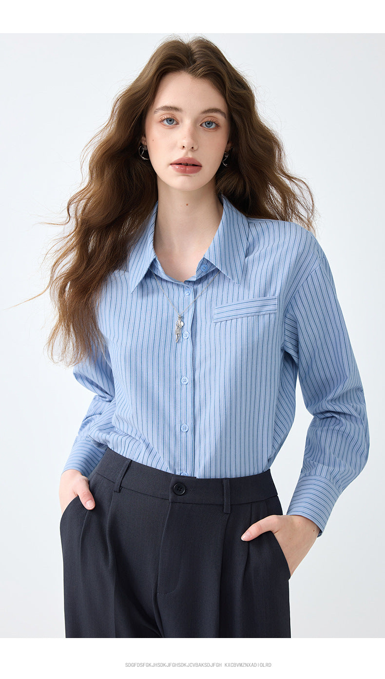 Light Workplace Blue Striped Long-Sleeved Shirt for Women, Spring and Autumn Design Professional Shirt, Commuting Versatile Top