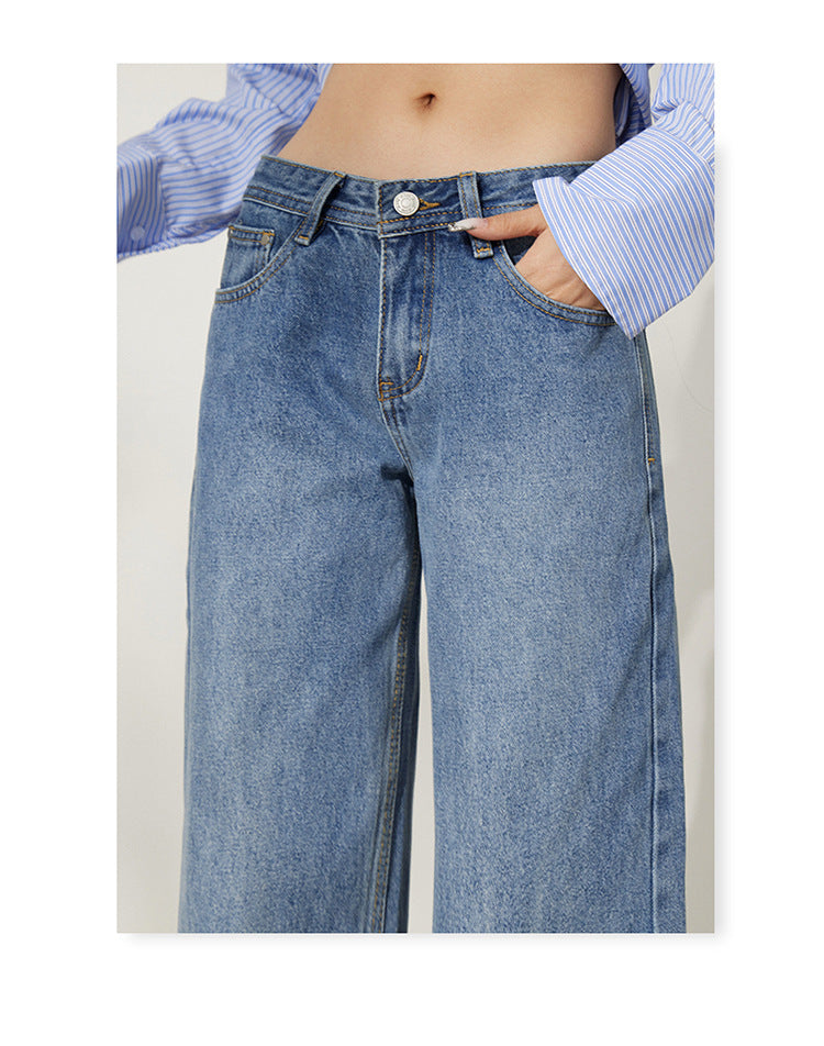 Retro Washed Wide-Leg Jeans for Women, Autumn New Low-Waist Straight Loose Design, Slimming Floor-Length Pants