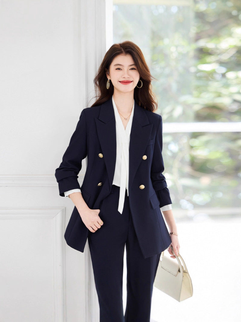 Double-Breasted Suit Set for Women, Autumn and Winter New Style, Korean Fashion, Casual, Professional Attire, Slim Fit, White-Collar Business Long-Sleeve Suit