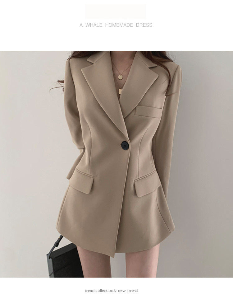 khaki Suit Jacket Women's Spring and Autumn Korean-style Ins Hong Kong-style Retro Top Tight Waist Slimming Mid-length Small Suit