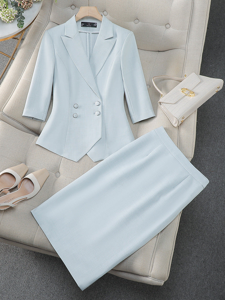 Cross-Border Professional Attire Pink Three-Quarter Sleeve Suit Skirt Women's Spring and Summer New Beauty Salon Work Clothes Over-The-Knee Skirt
