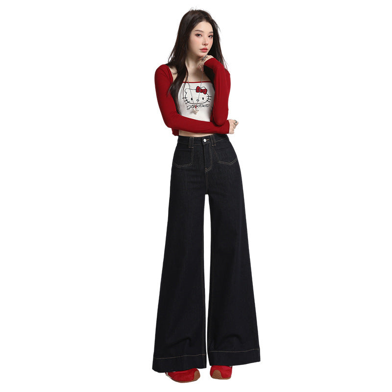 Retro American Style Denim Blue Flared Jeans for Women 2025 Autumn New Slimming Versatile Bootcut Pants