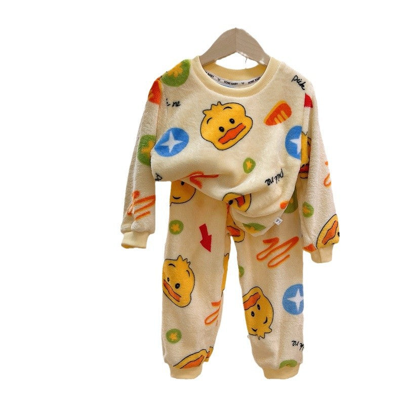 Men's and Women's Flannel Pajamas suit Autumn and Winter Middle and Big Children's Warm fleece-lined Thickened Autumn Clothes and Pants Home Clothes