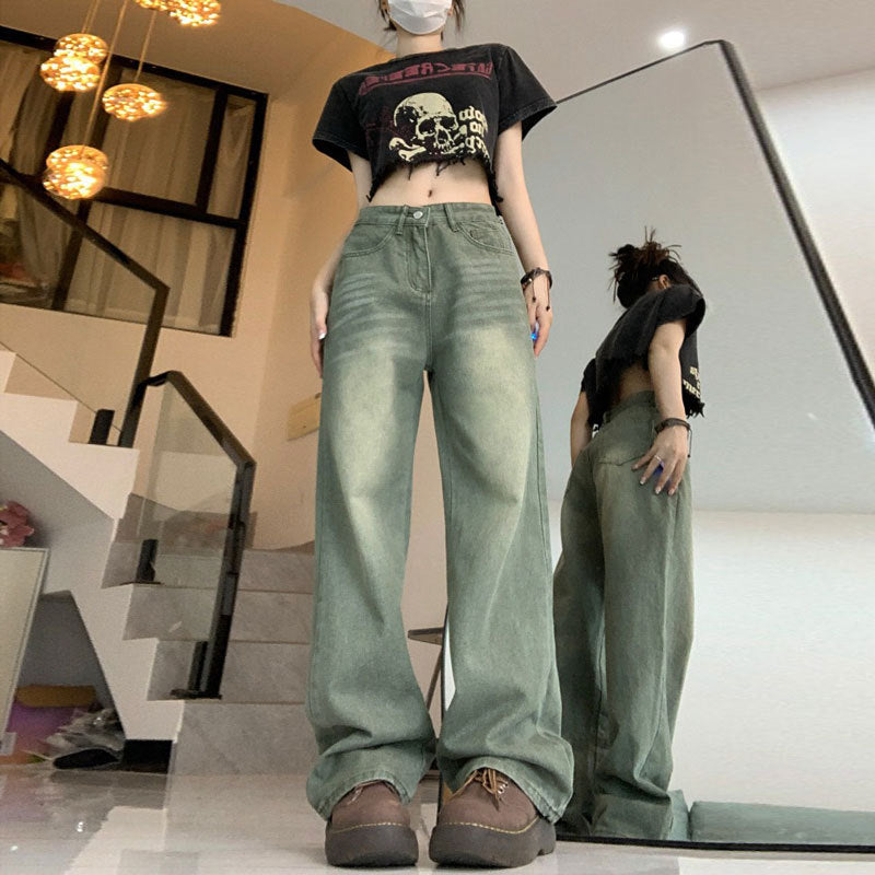 2025 Spring and Autumn Retro American High Waist Slim Straight-Leg Jeans Fashion Women's Loose Floor-Length Wide Leg Long Pants
