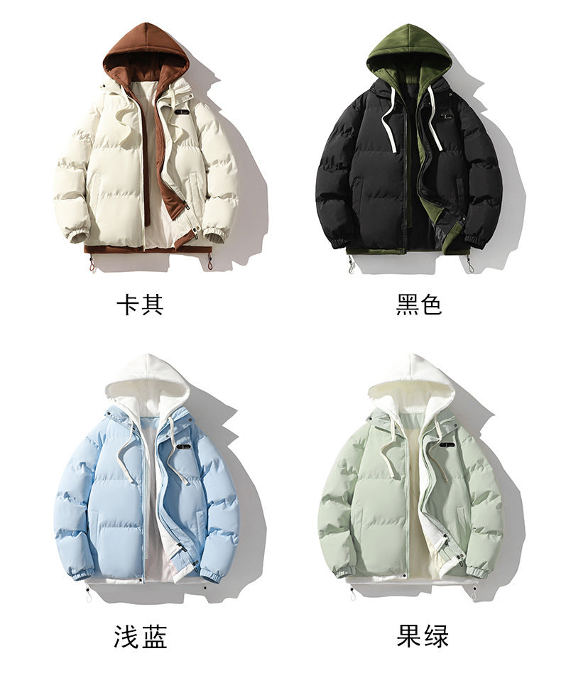 Men's Cotton-Padded Jacket Winter Cold-Proof Cotton Jacket Hooded Fake Two-Piece 2024 New Youth Cotton-Padded Jacket Couple Trendy Brand