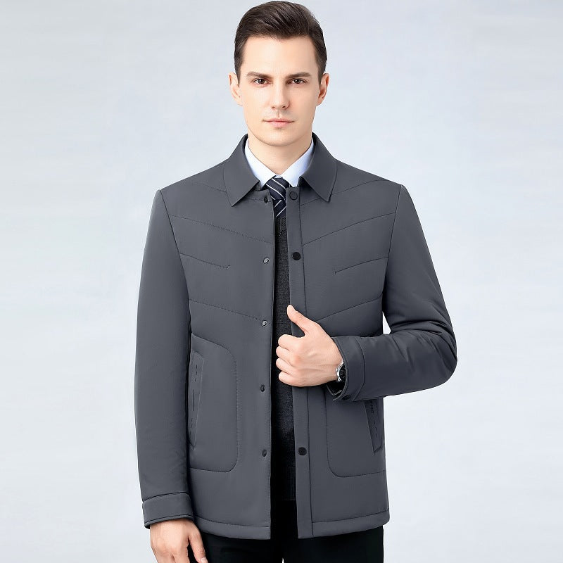 2025 Winter Mulberry Silk Men's Cotton Jacket with Turn-Down Collar, Quilted Middle-Aged Business Casual Cotton Coat for Dad