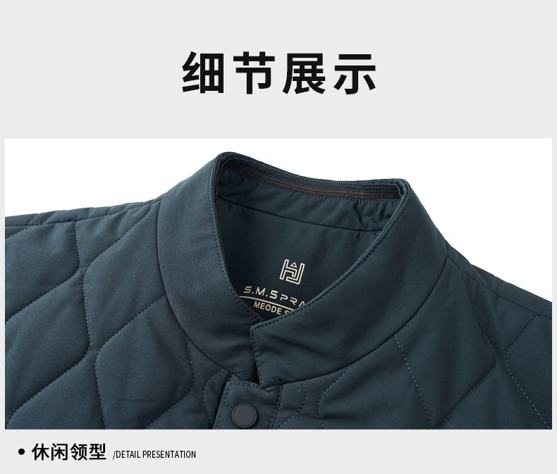 Men's Stand Collar Diamond Pattern Cotton Jacket Autumn and Winter Business Casual Warm Jacket Young and Middle-Aged Fashion Single-Breasted Top