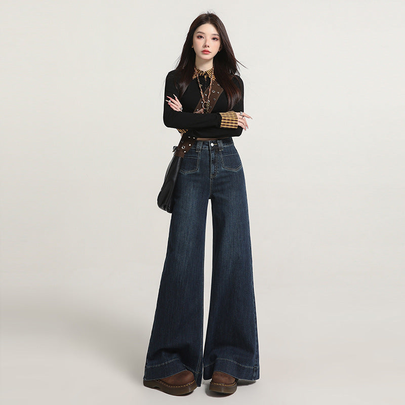 Retro American Style Denim Blue Flared Jeans for Women 2025 Autumn New Slimming Versatile Bootcut Pants