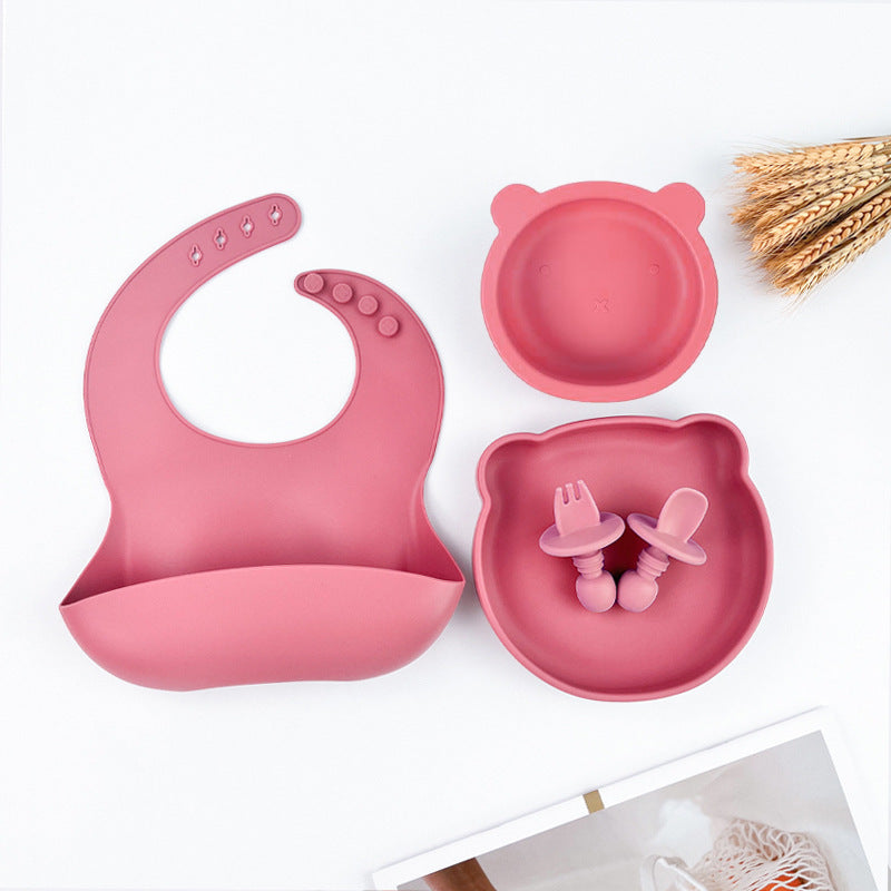 Baby Food Supplemented Tableware suit Food Grade Silicone Drop-resistant High Temperature Cute Cartoon Bear Tableware Four-piece Set