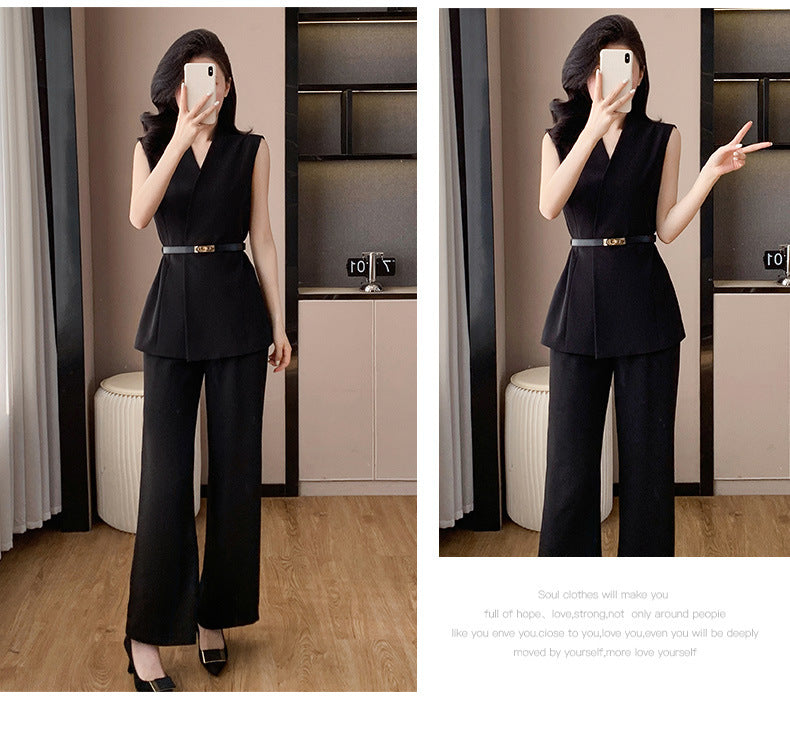 Fashion Casual suit 2025 New High-end Temperament Slimming Waist Sleeveless Jacket Straight Pants Two-piece Set