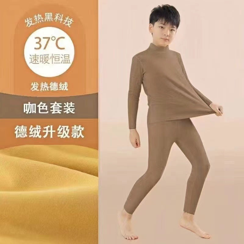 Mid-high collar children's velvet thermal suit for boys ground plush cold-proof one-piece velvet large children's thick thermal underwear