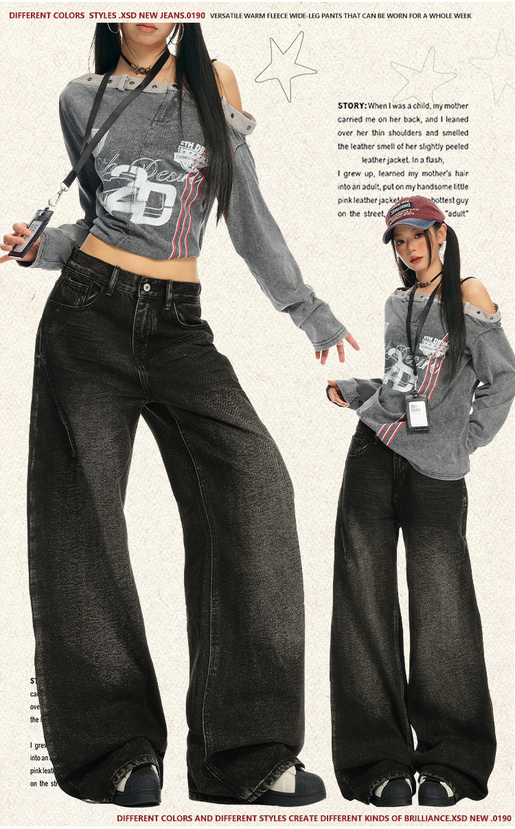 American Retro Wide-Leg Jeans for Women 2025 Early Autumn New Design Distressed Slimming Straight-Leg Floor-Length Pants