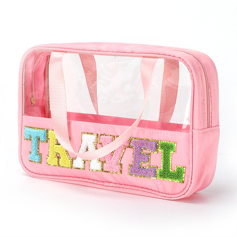 Amazon Cross Border Transparent PVC Handbag Embroidered Letters Storage Bag Large Capacity Travel Wash Bag