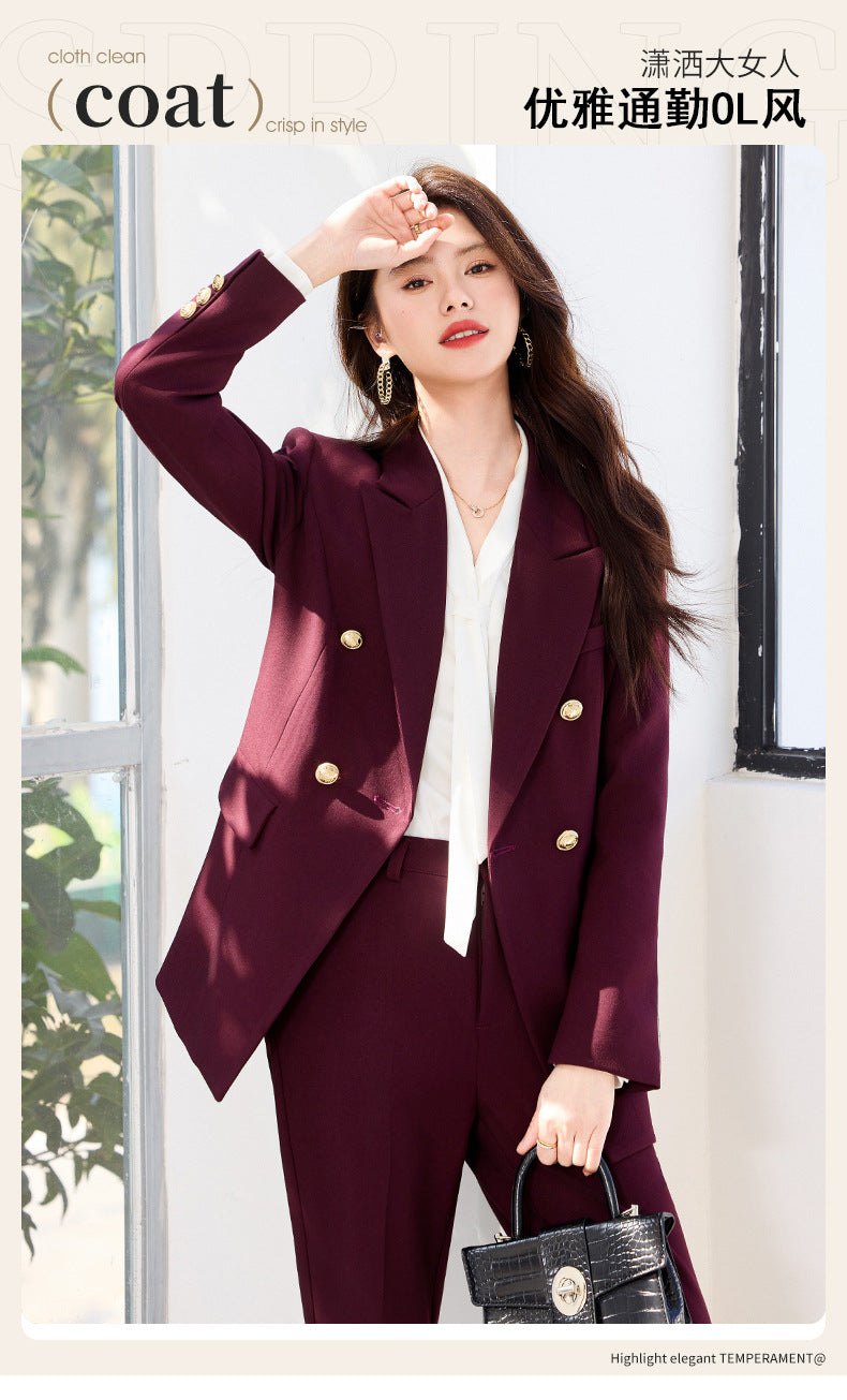 Double-Breasted Suit Set for Women, Autumn and Winter New Style, Korean Fashion, Casual, Professional Attire, Slim Fit, White-Collar Business Long-Sleeve Suit