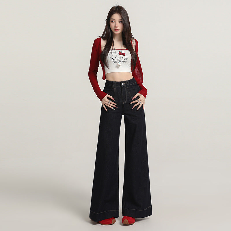 Retro American Style Denim Blue Flared Jeans for Women 2025 Autumn New Slimming Versatile Bootcut Pants