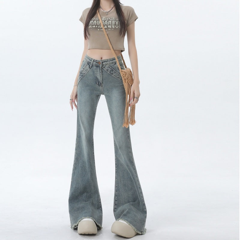 Women's Jeans Autumn New Vintage Color Flared High-Waisted Pear-Shaped Figure Frayed Slimming Bell-Bottom Pants