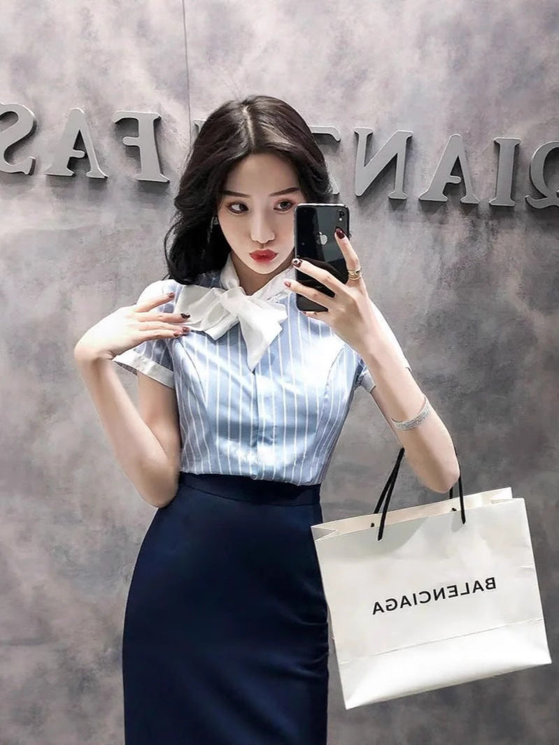 Front Desk Reception Work Wear High-End Business Attire Suit Women's Shirt Flight Attendant Stripesd Bow Business Attire Workwear