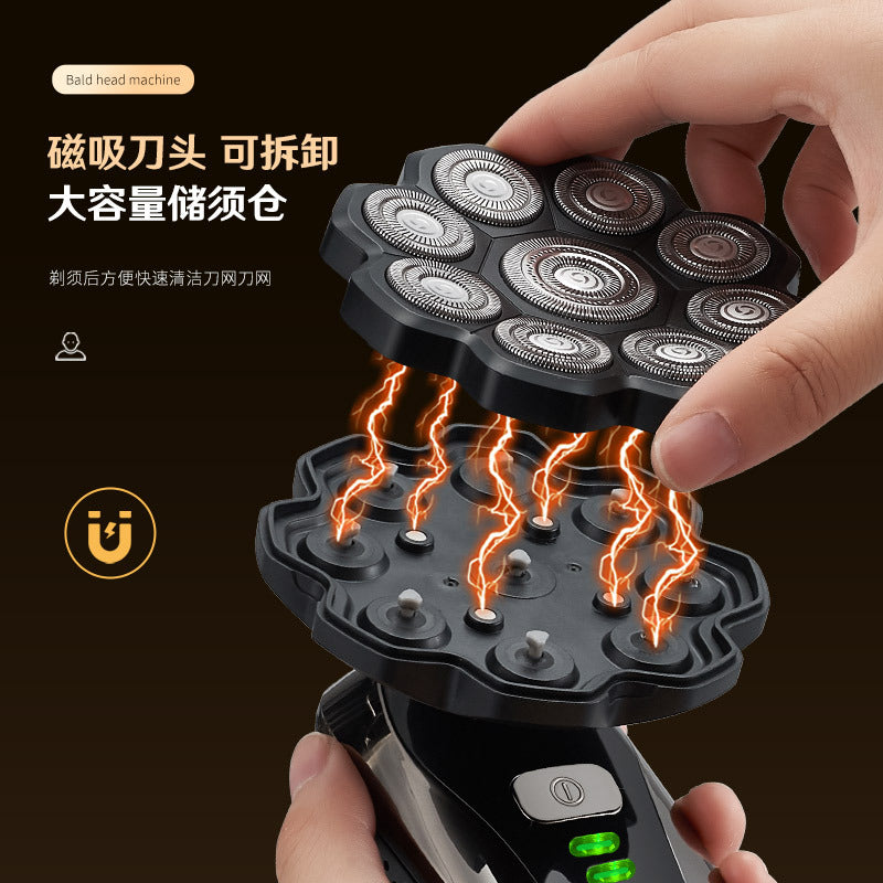 Cross-border nine-blade head bald self-service haircut artifact electric rechargeable razor magnetic suction head body washing knife