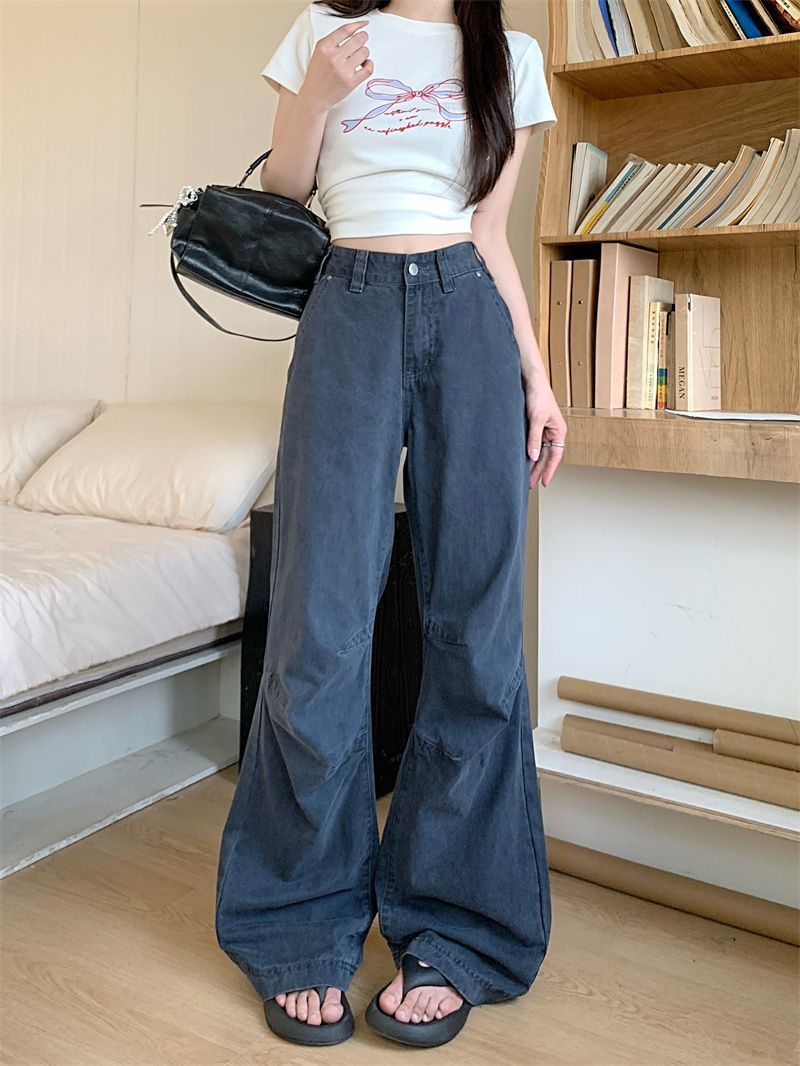 American Retro Design Workwear Jeans for Women New High Street Personalized Pleated Loose Straight Casual Pants