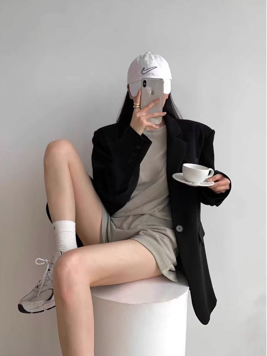 New Style Commuter Mid-Length Suit Jacket for Women, Loose Korean Style Slimming Black Temperament Fashion Jacket
