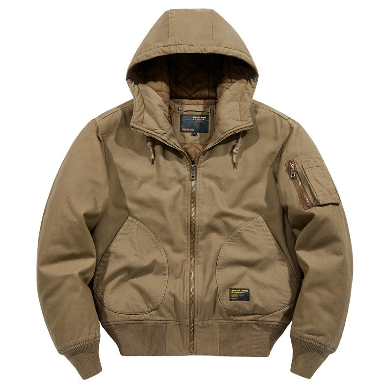 Cross-Border Popular Men's Cotton Jacket Autumn and Winter Thickened Warm Workwear Hooded Cotton Coat Ami Khaki Retro Men's Clothing