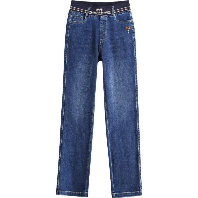 2025 Autumn and Winter New Loose Small Straight Jeans Women's High Waist Elastic Large Size Women's Elastic Waist Long Pants