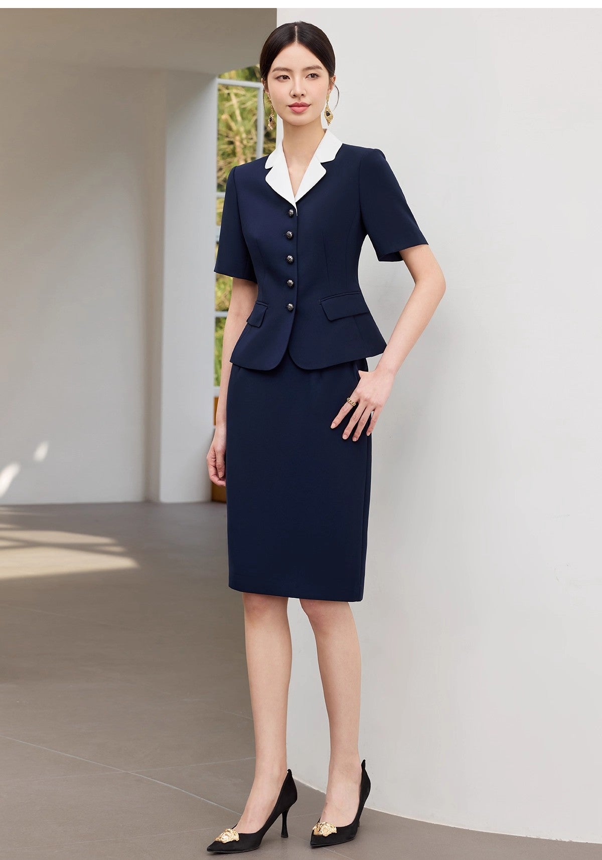 Summer New Navy Blue Short-Sleeved Professional Suit Suit Color-Blocked Suit Collar Single-Breasted Slim Slim Work Clothes