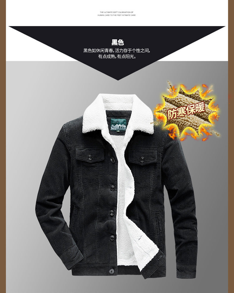 Lamb Velvet Jacket Men's Autumn and Winter Thickeneded Cotton Outwear Corduroy Workwear Cotton Jacket Fleece-Lined Retro Corduroy Jacket