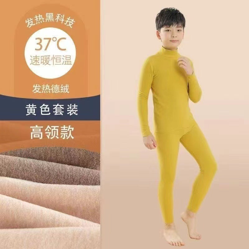 Mid-high collar children's velvet thermal suit for boys ground plush cold-proof one-piece velvet large children's thick thermal underwear