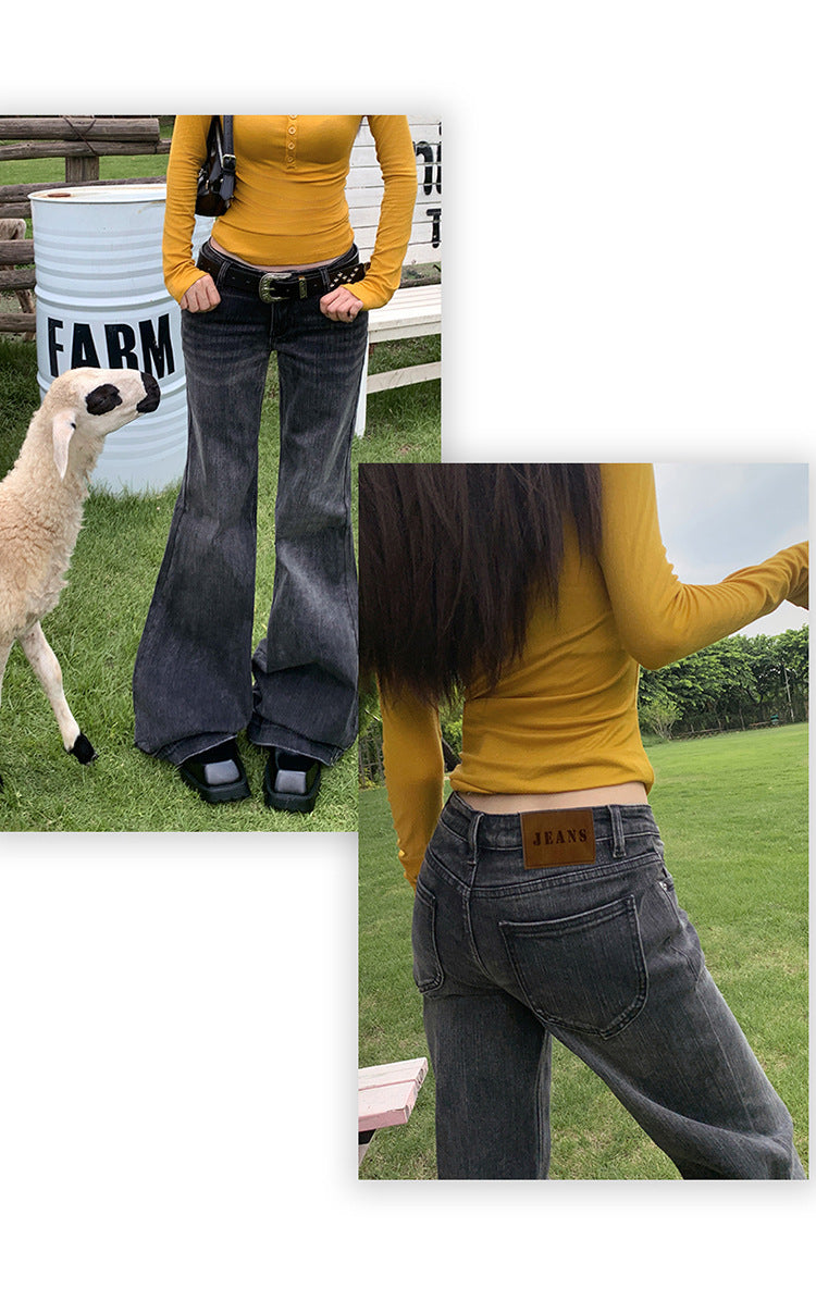 American Style Black and Gray Low-Waist Bootcut Jeans for Women 2025 Autumn and Winter New Sexy Elastic Slimming Look Versatile Bell-Bottom Pants
