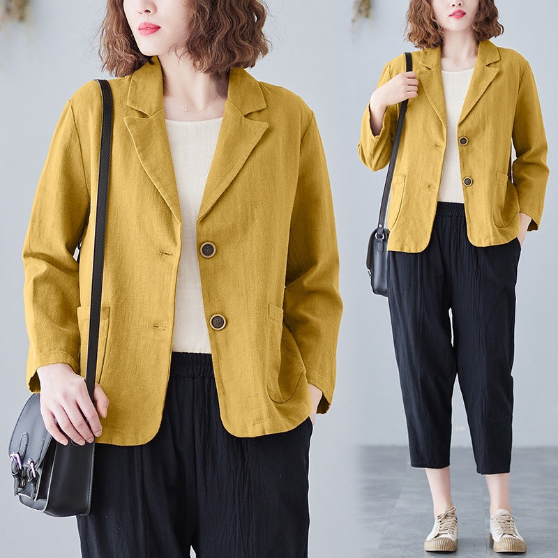 2025 Real Shot of New Cotton and Linen Retro Literary Loose Versatile Casual Long-Sleeved Button-Down Small Suit Short Jacket for Women