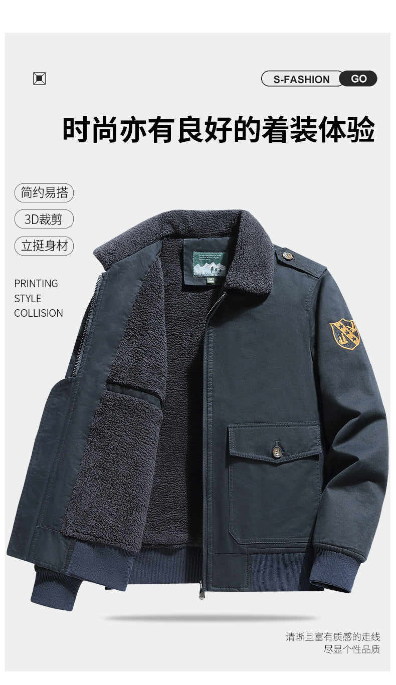 New Lamb Wool Jacket Men's Winter Thickened Wool Collar fleece-lined Overalls Cotton-padded Jacket Men's Jacket Casual Cotton-padded Jacket Aviator