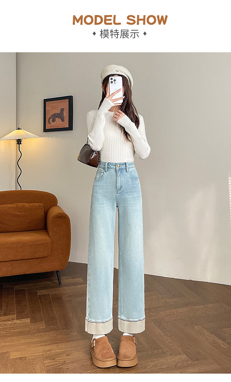 Fleece-Lined Cigarette Jeans for Women, Autumn/Winter 2026 New Style, Wide-Leg, Slim-Fit, Loose, Flattering, Petite Straight-Leg Pants