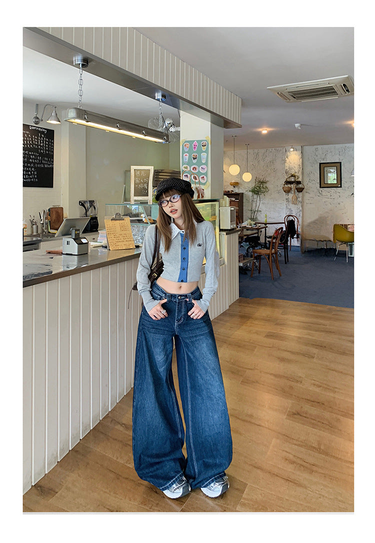American-Style Dark Blue Wide-Leg Jeans for Women, 2025 Autumn New Straight High-Waisted Loose Slimming Lazy Floor-Length Pants